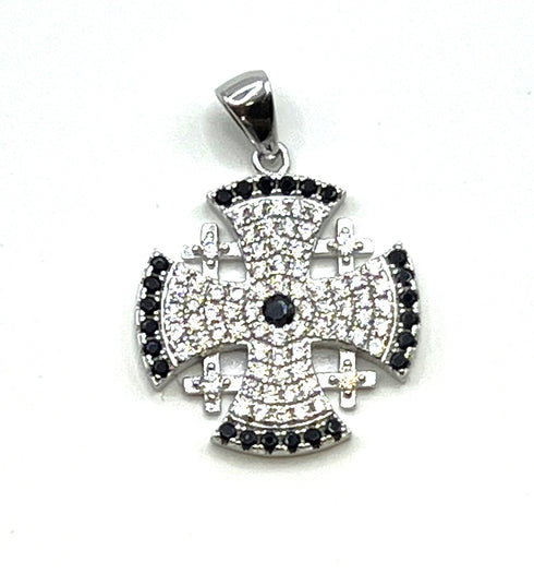 Sterling Silver Pave Stone Jerusalem Cross Pendant